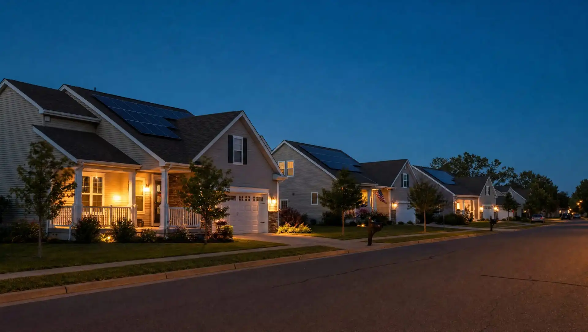 Midwestern neighborhood street at dusk with rooftop solar panels