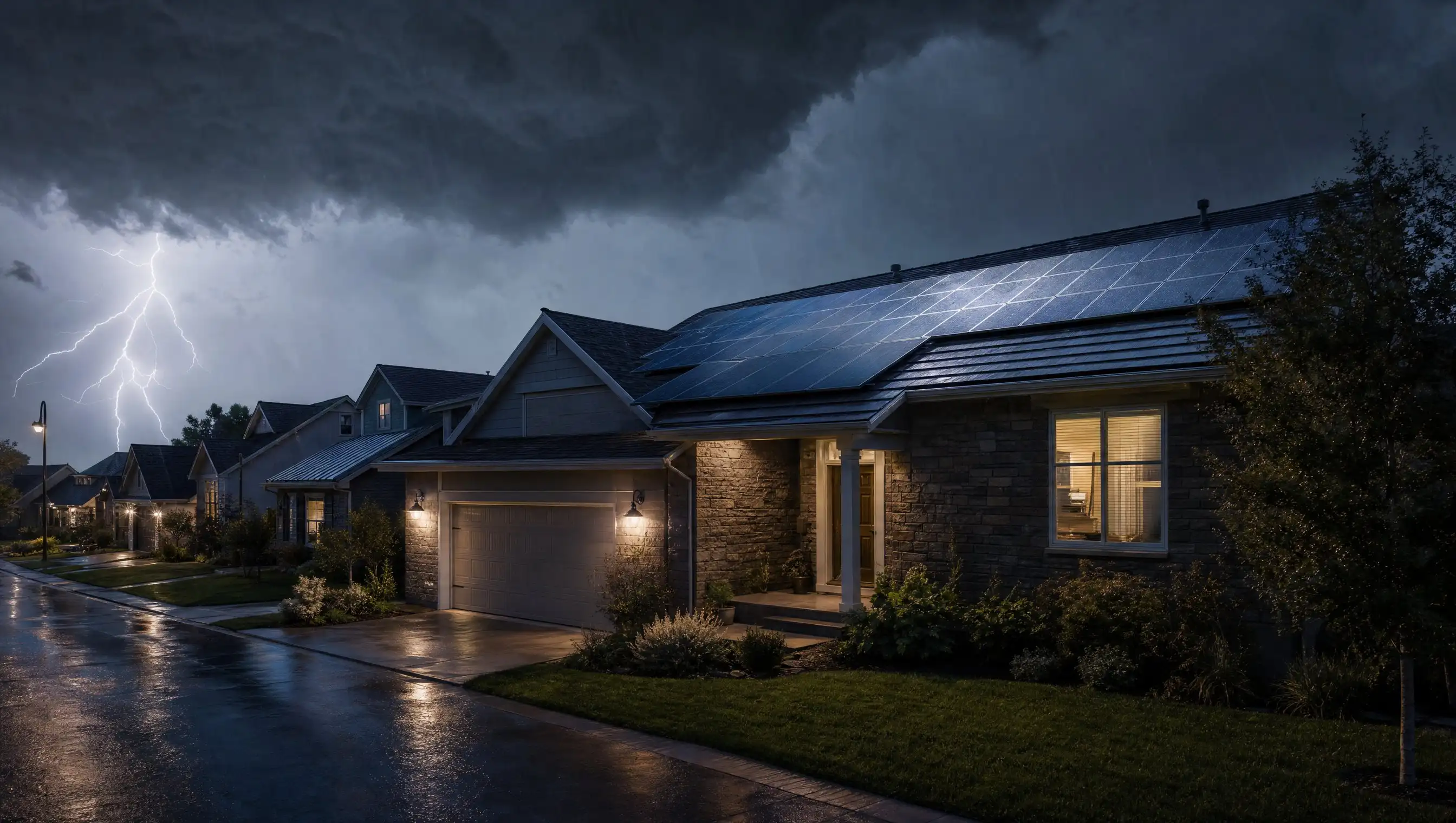 Home with rooftop solar panels under a severe thunderstorm with lightning